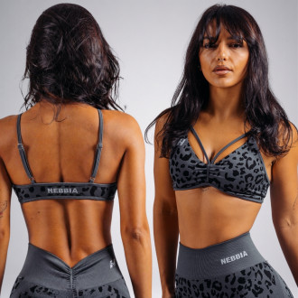 NEBBIA - Közepes tartású leopárdmintás sportmelltartó PRIMAL 854 (BLACK LEOPARD)