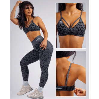 NEBBIA - Közepes tartású leopárdmintás sportmelltartó PRIMAL 854 (BLACK LEOPARD)